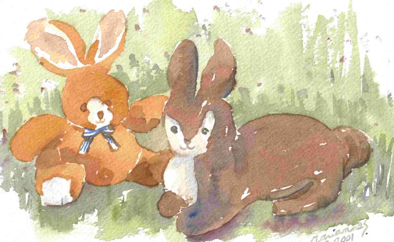 Deux lapins dans l'herbe