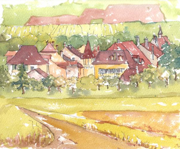 Le Landeron côté sud, encre et aquarelle
